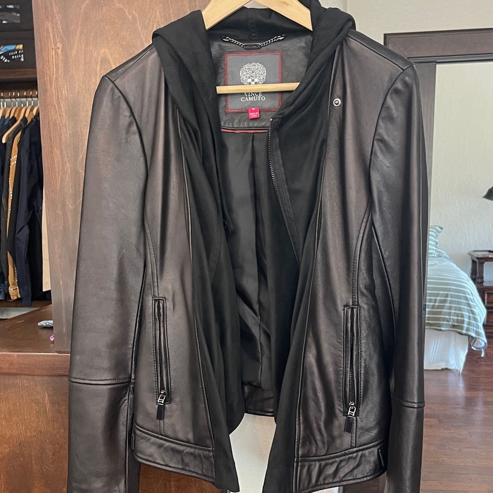 Vince Camuto Brown Leather Jacket black suede hood